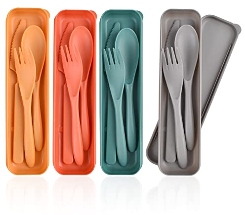 Juego de cubiertos de viaje con funda, juego de 4 cubiertos portátiles reutilizables de plástico, tenedores de cuchara, vajilla de camping, juego de cubiertos para viajes, picnic, al aire libre