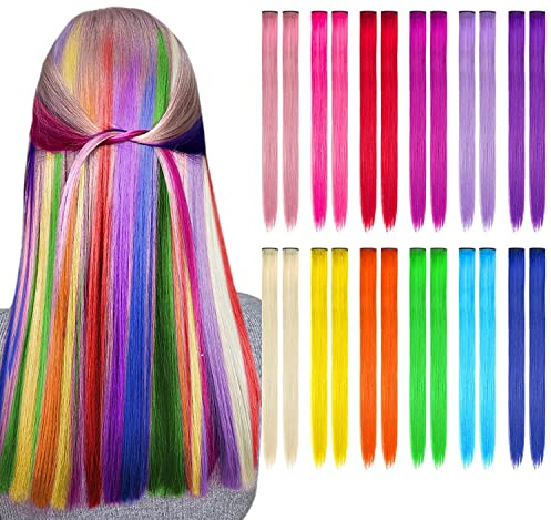 Vebetter Farbiger Haarverlängerung Clips, 24PCS Bunt Haarverlängerungs Clip Regenbogen Farbe Gerade Synthetisch Haarteil Party Highlights Bunte Clip in Haarverlängerungen für Kinder, Frauen, Mädchen.