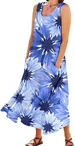 STRY Invitados a la boda Vestidos Mujer Elegante Estampado Cuello Redondo Bolsillos Casual Vestido Largo Vestido diario de tanque Vestido de invitado de boda Vestidos, Lila-1, S