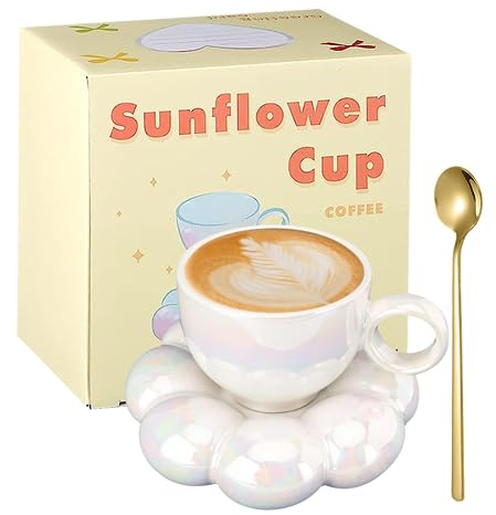 Ceramic Coffee Mug, Cute Mug with Sunflower Coaster, Cloud Coffee Cup with Spoon, Kawaii Tea Mug and Saucer Set 6.5oz/190ml for Women Friends Mother's Day Valentines Birthday Christmas Gifts