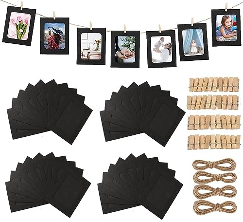 AHYDFSR 40 Stück Papier-Bilderrahmen, Fotorahmen Papier Zum Aufhängen, Bilderrahmen aus Pappe + Schnur + Miniwäscheklammern, Pappe Papierrahmen für Zuhause Schule Büro Wand DIY Dekoration (Schwarz)