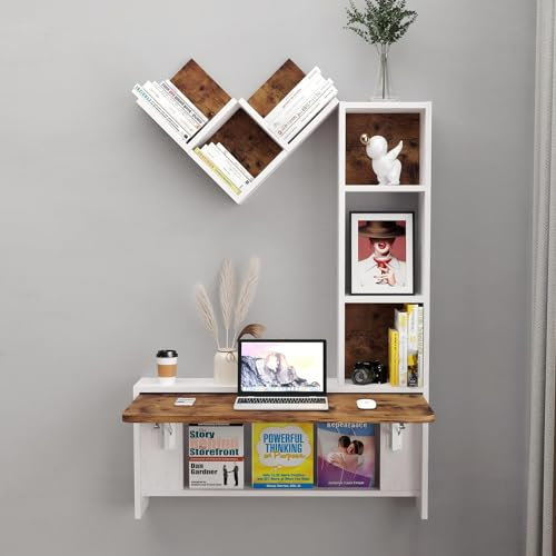 Pmnianhua Bureau Murale Rabattable, Table Murale de Vanité de Maquillage Pliante Fixée au Mur pour Mur Ordinateur Portable Chambre Studio Petit Espace (Marron Rustique)