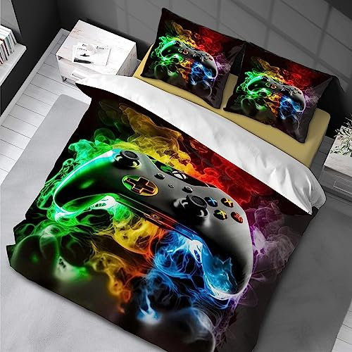 Gamepad Bettwäsche 135 x 200cm Game Controller Bettbezug Set Videospiel Action Buttons Motiv Startseite Schlafzimmer Dekor Teens Jungen Mädchen 3 teilig Bunt drucken aus Weiche Mikrofaser