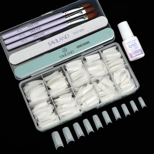 Saviland Acrylic Nail Tips Kit, 250PCs Half-Cover French Tips (10 Sizes) with Acrylic Brush Size 8/10/14 Fast-Drying Nail Glue Natural Fake Nails Extension Set for Nailart DIY Salon & Home Use