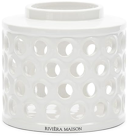 Riviera Maison Windlicht weiß, Kerzenständer groß, mit Lochdruck, Medium, Handgefertigt - RM La Baule Hurricane S - Porzellan - (ØxH) 16x15