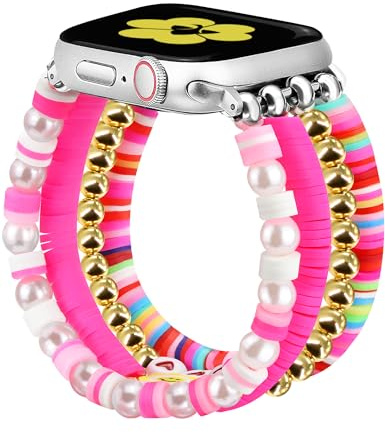 Newlibery Beaded Bracelets Band Compatible with Apple Watch 38mm 40mm 41mm 42mm (S10/11) Women Kids Cute Fancy Preppy Handmade Elastic Stretch Strap for iWatch Series 11/10/9/8/7/6/5/4/3/2/1/SE (XS)