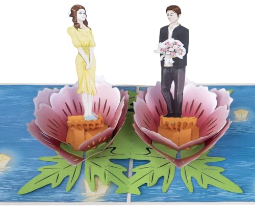 Sweetpopup® Pop-Up Karte Liebe – Romantisches Paar in Lotusblüten – 3D Glückwunschkarte für Hochzeit, Verlobung, Jahrestag, Valentinstag & Liebeserklärungen – Premium Metallic Papier - 035