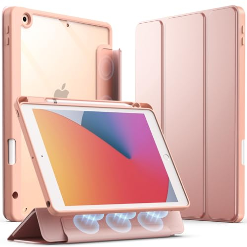JETech Coque Détachable pour iPad 9/8/7 (10,2 Pouces, Modèle 2021/2020/2019, 9ᵉ/8ᵉ/7ᵉ Génération) avec Porte-Pencil, Housse Étui Magnétique Support à Trois Volets Dos Transparent (Or Rose)