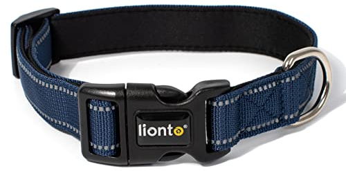 lionto Hundehalsband aus strapazierfähigem Nylon, Größe L, weiches gepolstertes Halsband für Hunde, 360° reflektierend & Klickverschluss, Metallring & Anpassung durch stufenlosen Schieber, blau