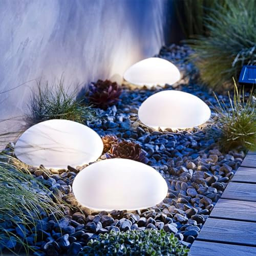 JOHOO Set of 4 Solar Lights Outdoor Waterproof Solar Pebble Rock Garden Lights Decorative with Cool White LED
