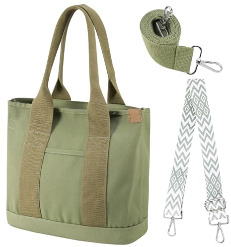 Halinuia Handtasche Canvas Tasche Damen, Tote Bag, Umhängetasche Damen Schultertasche Mode Tote Tasche mit Vielen Fächern Austauschbar Gurt für Umhängetasche für Schule Arbeit Alltag Lässige(Grün)