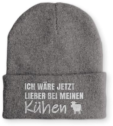 tshirtladen Spruchmütze Strickmütze Kühe Landwirt Wintermütze Mütze lustige Beanie mit Stick, Farbe: Grau