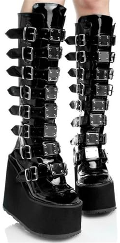 Stivali con Plateau Goth Stivali gotici Neri Alti al Ginocchio Stivaletti con Fibbia con Tacco Grosso Stivali da Combattimento Stringati a metà Polpaccio for Donna (Color : Black, Size : 43 EU)
