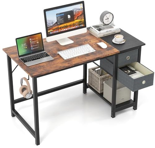 COSTWAY Computer Desk, Metal Frame Study Table Workstation with 2 Removable Drawers, Storage Shelf and Headphone Hooks, Modern PC Laptop Table Working Desk for Home Office Bedroom (120 x 60 x 75 cm)