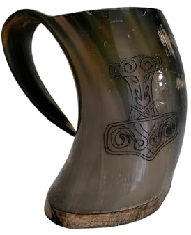 Viking By Heart Real Ox Horn 6-7'' Long, Vikings Drinking Horn Mug with Wooden Base, Engraved with Thor's Hammer, 20 OZ Capacity, Handcrafted Horn Mug Unique Beer Gifts for Men, Women