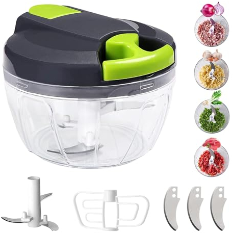 Hachoir à oignon manuel, trancheur de légumes 520ml, hachoir à oignon avec 3 Lames en acier inoxydable et 1 diviseur de fil, hachoir multifonction avec cordon, hachoir à oignon à l'ail (Vert-520ml)