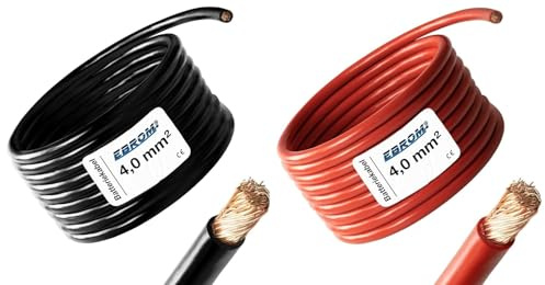 EBROM Batteriekabel SET: ROT + SCHWARZ - 4 mm² - Vollkupfer je 3 Meter | Batterie Kabel, PLUS- und MASSE Kabel - jeweils 3 m Länge - für PV, Boot, Solar, Industrie, LKW, KFZ, Caravan und weitere