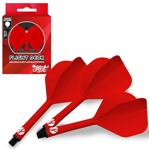 Shot! Darts | Flight Deck | Einteiliges Dartflight- und Schaftsystem | Reduzierte Ablenkungen | Standardförmiges Flight | 350 Mikron | Erhältlich im 3er-Set | Rot| Kurz
