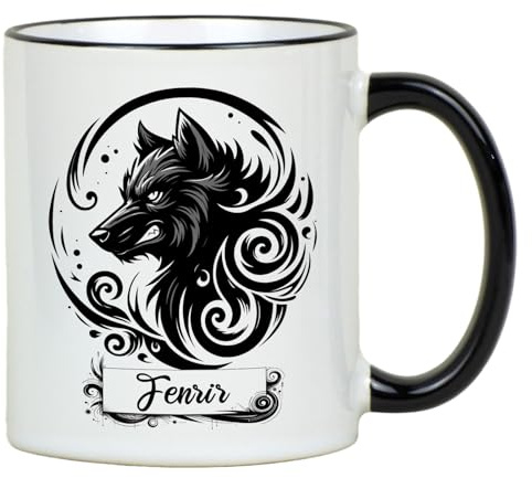 Fördeblau Nordische Mythologie Fenrir-Wolf Tasse - 330ml Keramikbecher für Wikinger & Mythos Fans, Mikrowellenfest, Fenriswolf Motiv als Geschenk