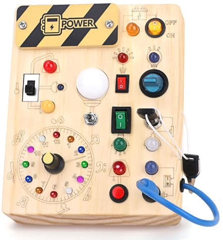 Konijiwa Busy Board Montessori Activity Board mit 10 Schaltern und 23 LED-Lichtern - Sensorisches Spielzeug aus Holz für Feinmotorik - für Babys und Kleinkinder 1-4 Jahre alte Jungen und Mädchen