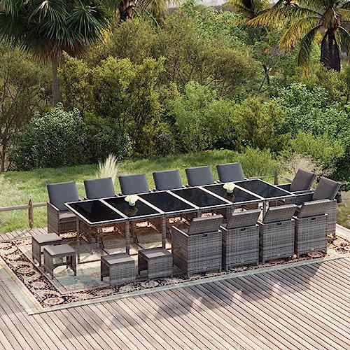 WEMYUFURN 19-TLG. Garten-Essgruppe mit Kissen Poly Rattan Grau, Outdoor-Sitzgruppe, Terrassen-Lounge-Set, Garten-Couchgarnitur - Wetterbeständig, Komfortabel - für Terrasse, Garten und Balkon