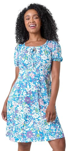 Roman Originals Women Gathered Chest Dress Ladies Stretchy Fit & Flare Swing Tea A Line Skater Waist Ruched Knee Length Midi Smart Casual Work Going Out Party - Blue Ivory - Size 14