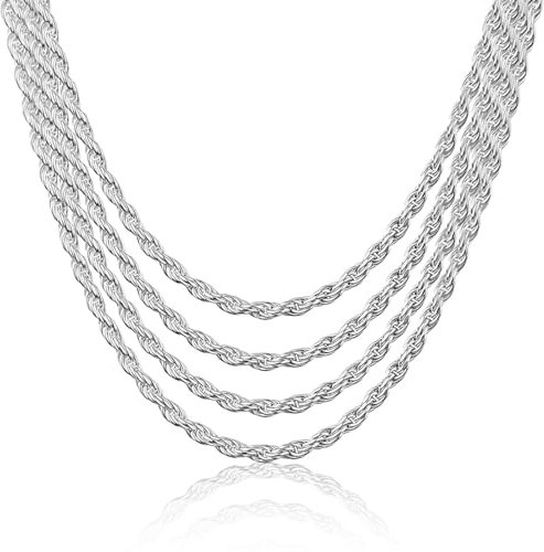 4 Pièces Femmes Hommes Acier Inoxydable Argent Corde française Boîte à chaînes Lien Collier 40-45-50-55CM,Corde Collier Homme Torsadée Chaîne Argent,Acier Inoxydable Largeur 2mm