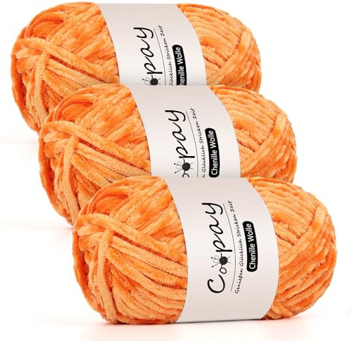 Coopay Chenille Wolle zum Häkeln, 3x100g Samtig Chenillegarn, Dicke Flauschige Weich Chenille Garn, Chenille Wolle, Weicher Plüschwolle Häkelgarn für Decken, Schals - Orange