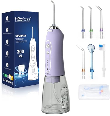 H2ofloss - Púa dental dental de agua, irrigador bucal portátil inalámbrico de 300 ml, limpiador de riego de viaje recargable IPX7, impermeable, para viajes en casa, lavanda