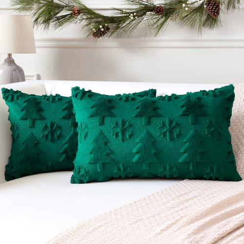 Artscope 2er Set Wolle Kissenbezüge Weicher Plüsch Kurzer Wollsamt Dekokissenbezuge Sofakissen Europäische Kissenhülle für Sofa Schlafzimmer Weihnachtsbaum und Schneeflocke Grün, 30x50cm