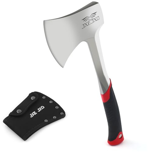 JXE JXO 14.4 Camping Hatchet with Full Tang Forged Construction & Ergonomic Shock Absorbing Grip, Hatchet Axe with Nylon Sheath (Red
