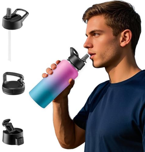 GARUET 950 ML Triple Walled, Insulated Water Bottles with Straw - Stainless Steel Metal Bottle W/ 3 Leak Proof Lids - For Travel, School, Sports, Gym/Men, Women & Kids (Pacific Blue Rose Blend)