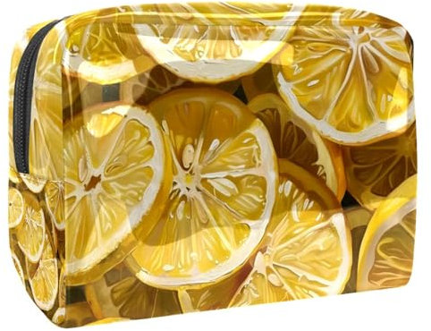 Beauty case con fette di limone, da donna, per articoli da toeletta da viaggio, grande, in PVC, pratico organizer con cerniera, Multi, 18.5x7.5x13cm/7.3x3x5.1in, Beauty case