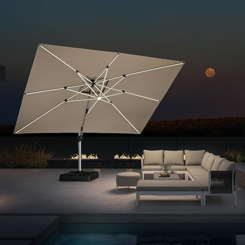 PURPLE LEAF 3 X 4 M Garden Cantilever Parasol with Led Solar Lights Bar, Large Rectangle Overhanging Patio Umbrella with Crank Handle and Tilt for Balcony and Outdoor, Beige