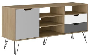 MOMMA HOME Meuble TV de salon, table de télévision 1 porte, étagères et 2 tiroirs, finition chêne, blanc et gris, pieds en métal, modèle Stockholm, 140 cm (longueur) x 77 cm (hauteur) x 39 cm