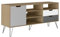 MOMMA HOME TV-Möbel, Wohnzimmertisch, Fernsehtisch mit 1 Tür, Einlegeböden und 2 Schubladen, Eichen-Finish, Weiß und Grau, Metallbeine, Modell Stockholm, 140 cm (L) x 77 cm (H) x 39 cm (T)