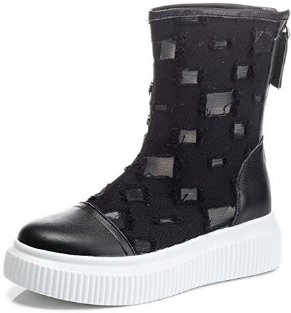 Scarpe da Donna Estate Sottile Denim Tela Stivali con Suola Spessa Traspirante Maglia Cava Interno Innalzamento Stivali Freddi Donna Tutto-fiammifero