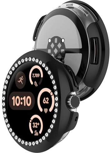 AWADUO Kompatibel mit Google Pixel Watch 3 41mm Schutzhülle Smartwatch Ersatz PC Schutzhülle Diamond Inlay Uhrenzubehör (Schwarz)