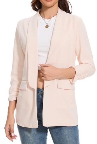 YOUNIFIZ Womens Blazers Casual Ruched 3/4 Sleeve Jackets Open Front Business Work Office Blazer Jackets with Pockets Apricot