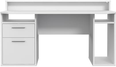Schreibtisch >TEZAUR< Der Schreibtisch TEZAUR in modernem Weiß bietet mit 160x91x72 cm viel Platz. Mit 1 Schublade, 3 offenen Fächern und robustem Material (Spanplatte) ideal für jedes Büro.