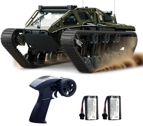 RC Tank All Terrain Army Truck for Kids - 2.4G Fully Proportional Remote Control Military Vehicle with 2 Batteries, Rock Crawler 4WD 360°Rotating Drifting Car with Cool Lights, Great Gift for Boys