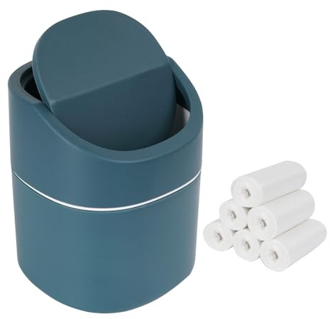 JOYFIER 2 L Mini-Tischmülleimer mit 180 Müllbeuteln, Blau | Schwingdeckel, kompakte Bauform, geruchsdämmender Verschluss hält Papier, Kosmetikreste und Kleinteile sauber zurück