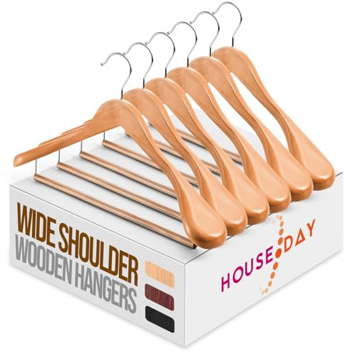 HOUSEDAY Kleiderbügel Holz Holzbügel Breite Schulterauflage Anzugbügel | 6 Stück 360°Drehbarer Haken rutschfest Anzugbügel mit Runde Stange für Anzüge, Hemden, Mäntel, Jacken, Hosen, Pullover,Natur