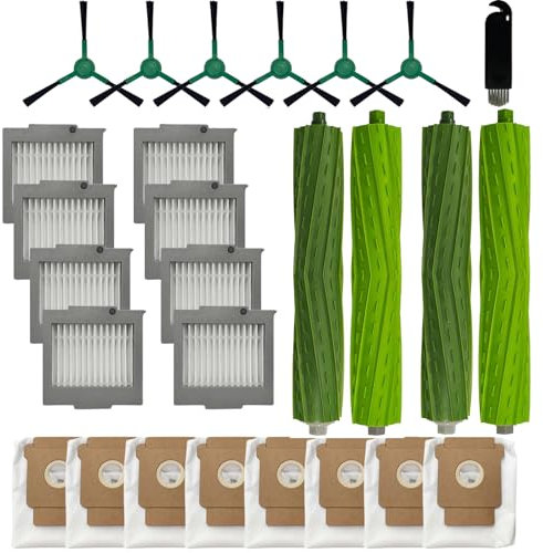 Cloudarrow Lot de 27 pièces de rechange pour aspirateur robot iRobot Roomba Max 705 vac/Plus 504 Vac, 2 brosses en caoutchouc, 8 filtres HEPA, 8 sacs à poussière et 6 brosses latérales avec 1 outil de
