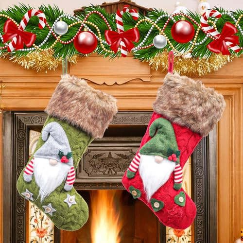 Szhhrxi Nikolausstrumpf, 40CM Weihnachtsstrumpf, Nikolaus Socken zum Befüllen & Aufhängen, Gestrickte Weihnachtssocken Deko, Weihnachtsdekoration für Kamin, Weihnachtsbaum, Wand, Treppe (Rot+Grün)