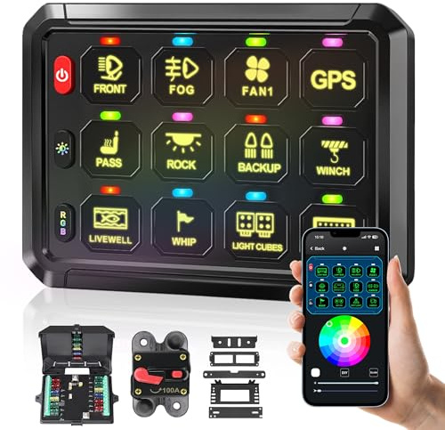 Bzgnl RGB 12-Gang-Schalter-Panel, automatisch dimmbar, Multifunktionsschalter-Panel mit Momentan-Kipp-Impulsspeicher, Aluminium-Schalter-Panel für LKW, Boot, Auto, Wohnmobil,