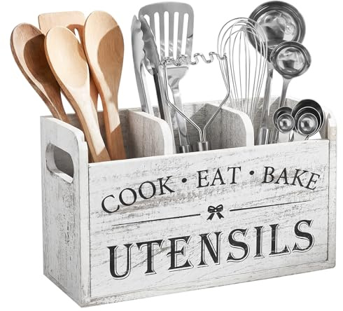 Kitchen Utensils Holder - White Utensil Holder Cooking Utensil Organizer with 3 Compartment Drainage Bottom, Wooden Cutlery Storage Holder Farmhouse Cutlery Caddy, Cooking Tools Storage for Countertop