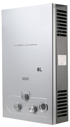 8L Tankless Propane Gas Water Heater 16KW LPG Instant Hot Water Heater Boiler LED Display Outdoor Camping with Shower Head Kit(Silver)