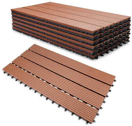 Vkechh WPC Terrassenfliesen, Klickfliesen Terrasse und Balkonfliesen in 30x60 cm Braun. Terrassendielen mit Drainage, 36 Stück (6 m²) als pflegeleichter Bodenbelag.