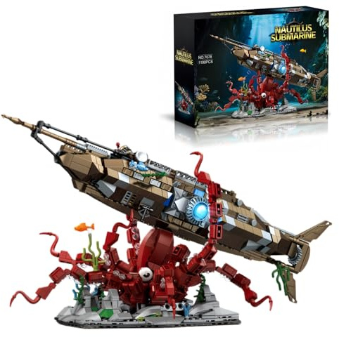 Steampunk Nautilus U-Boot Bausteine Bausatz für Erwachsene, 1190 Teile | Unterwasser-Abenteuerszene-Bausatz mit Riesenkrake-Sockel und U-Boot, Dekoration für das Homeoffice, Geschenk für Sci-Fi-Fans